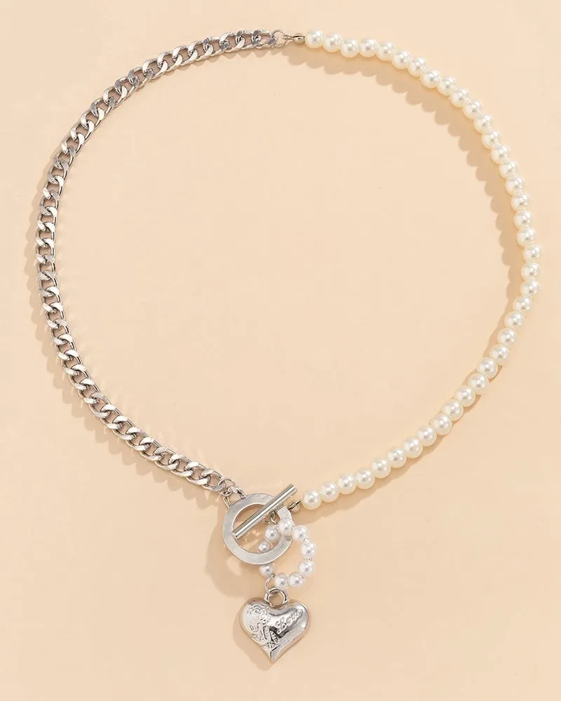 1pc Pearls Decor OT Toggle Heart Pendant Necklace