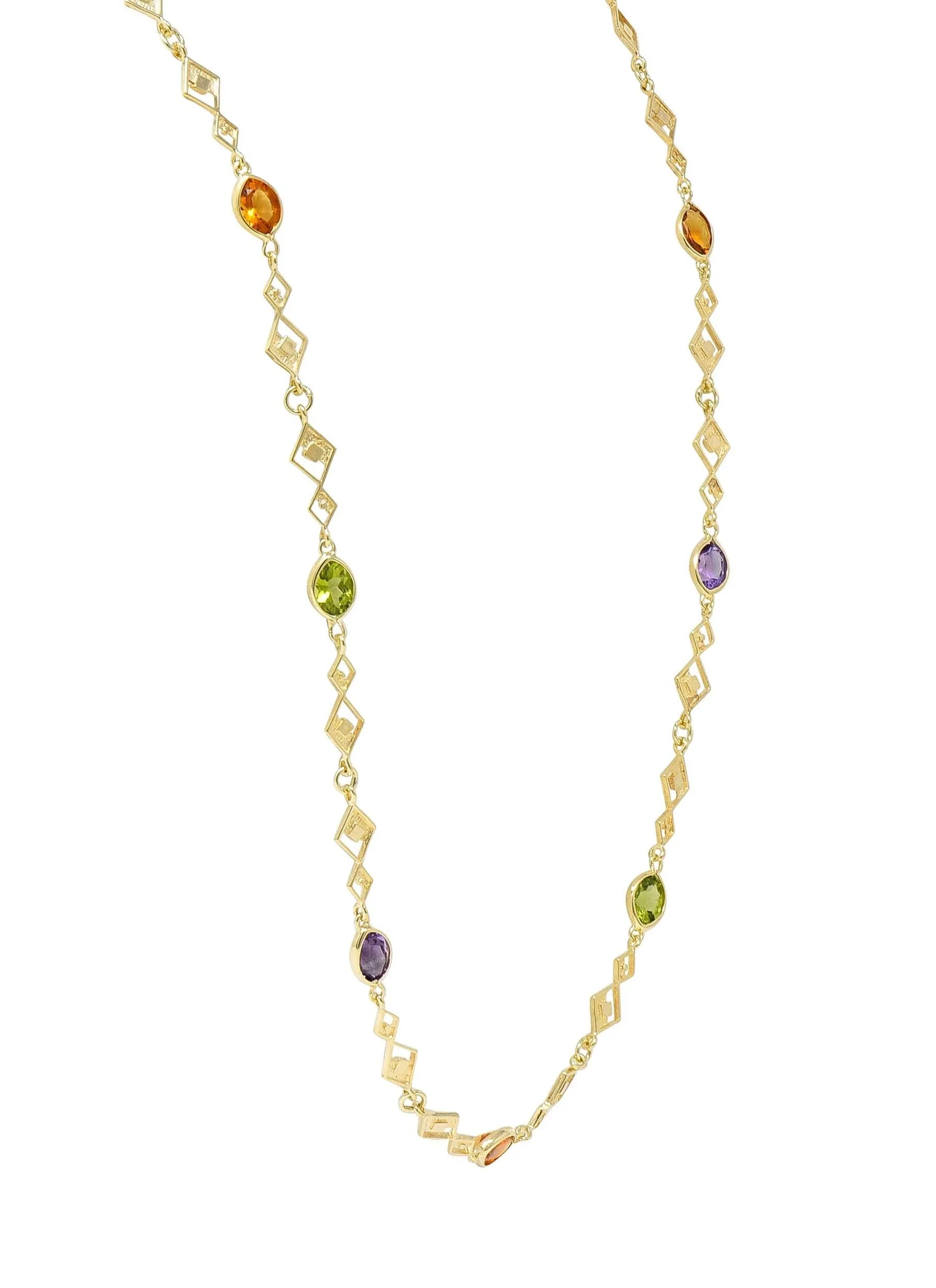 2000's Multi-Gem Citrine Peridot Amethyst 14 Karat Yellow Gold Geometric Station Necklace