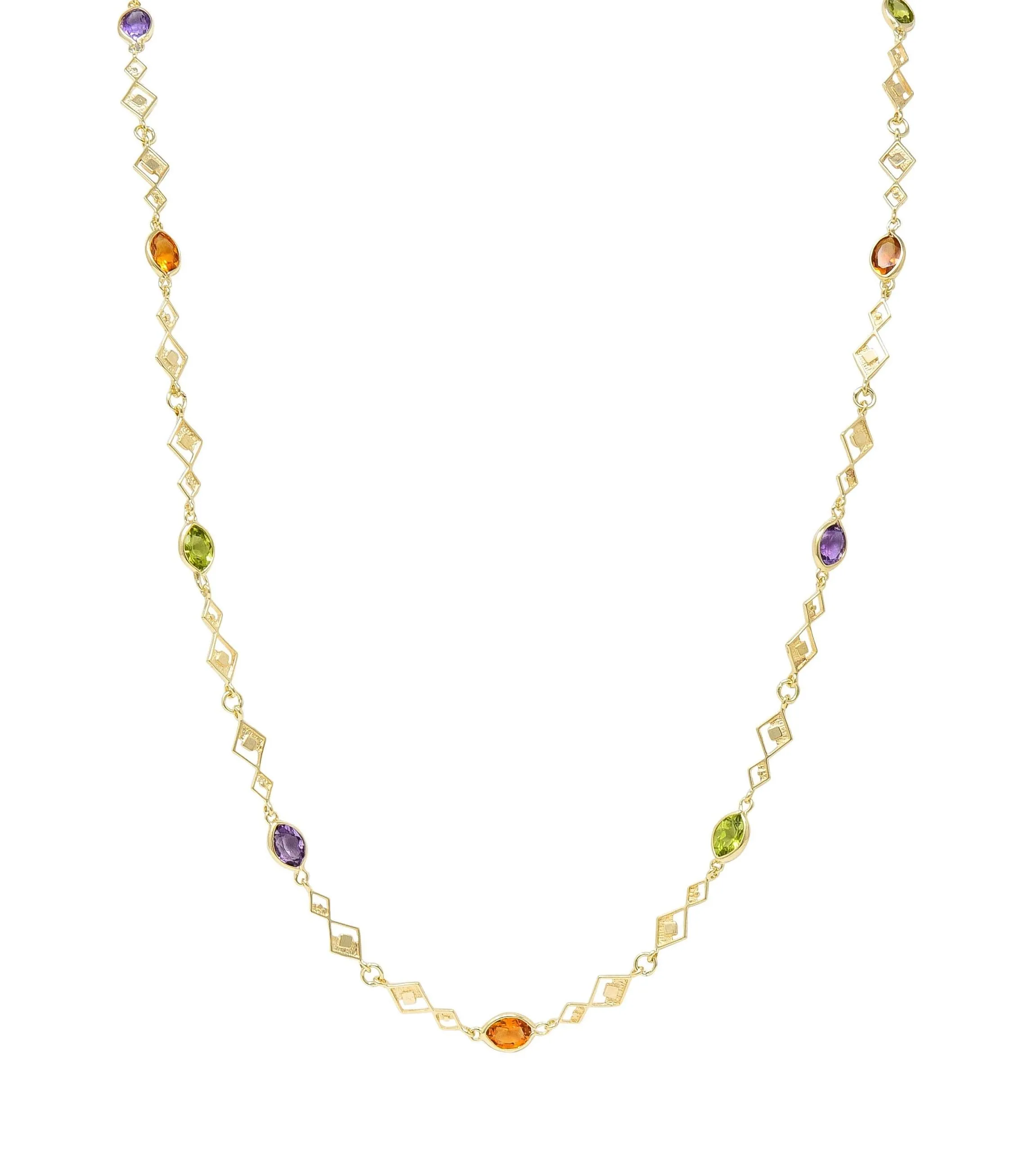 2000's Multi-Gem Citrine Peridot Amethyst 14 Karat Yellow Gold Geometric Station Necklace