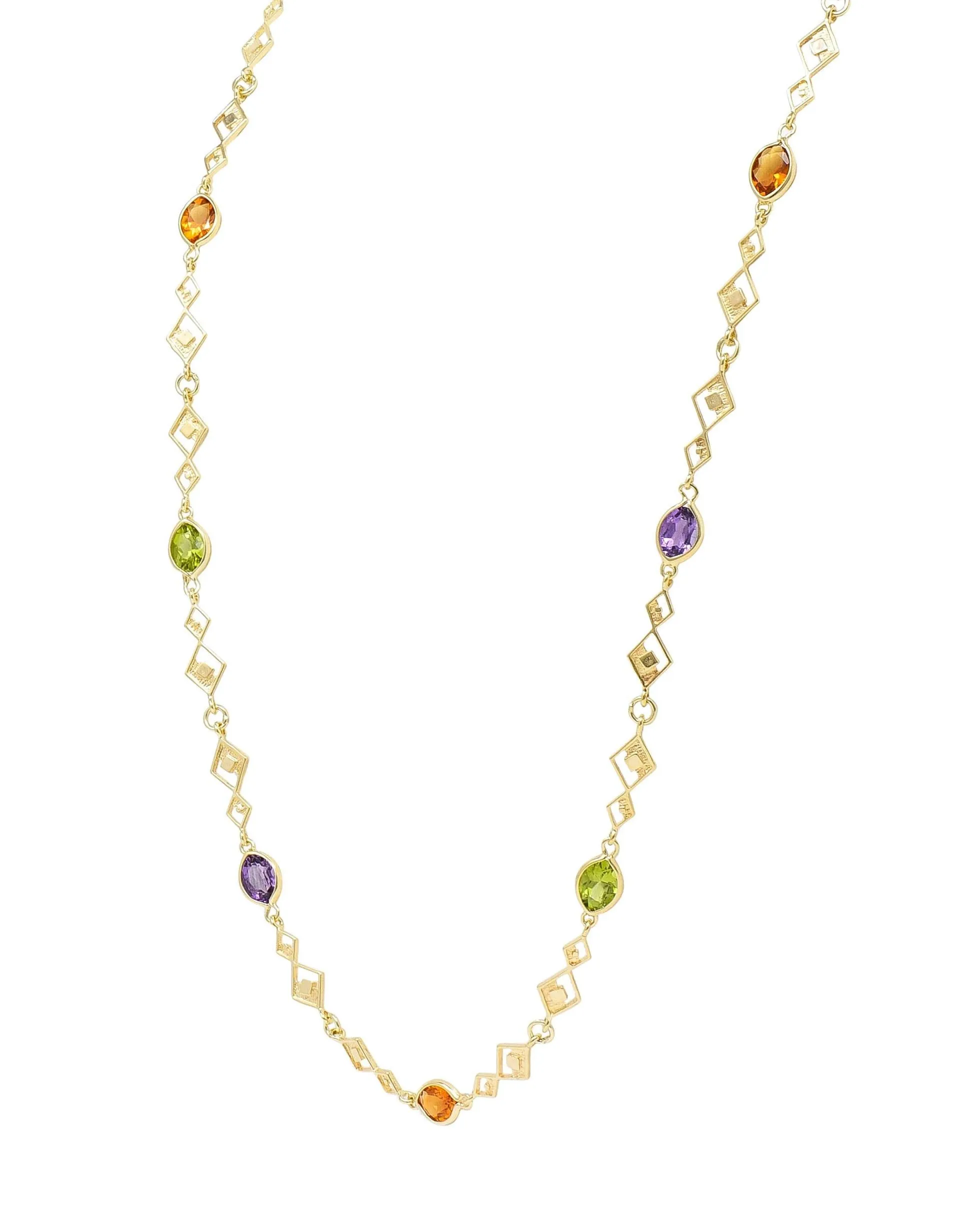 2000's Multi-Gem Citrine Peridot Amethyst 14 Karat Yellow Gold Geometric Station Necklace