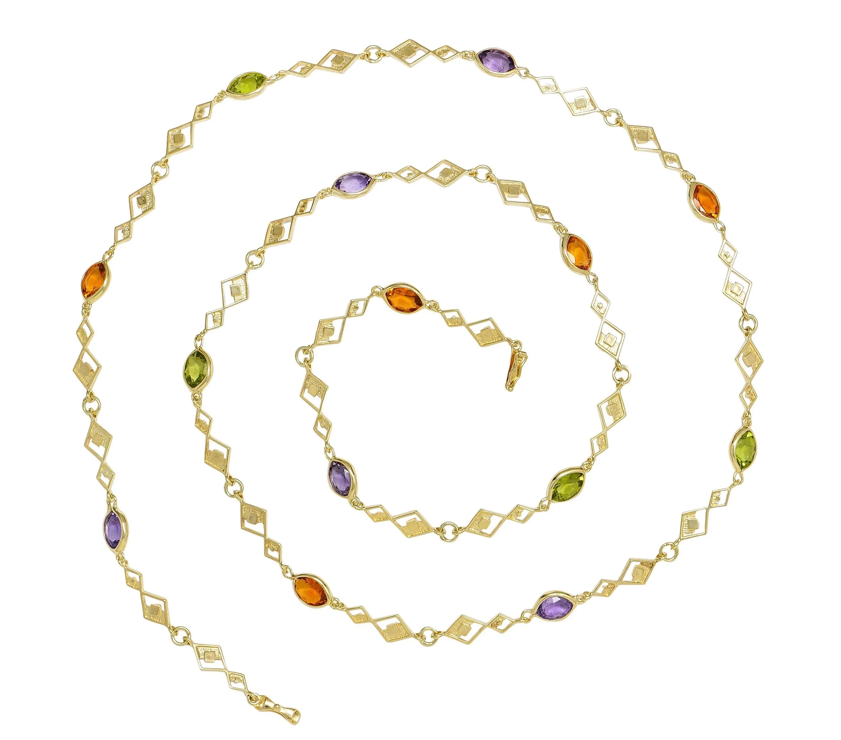 2000's Multi-Gem Citrine Peridot Amethyst 14 Karat Yellow Gold Geometric Station Necklace