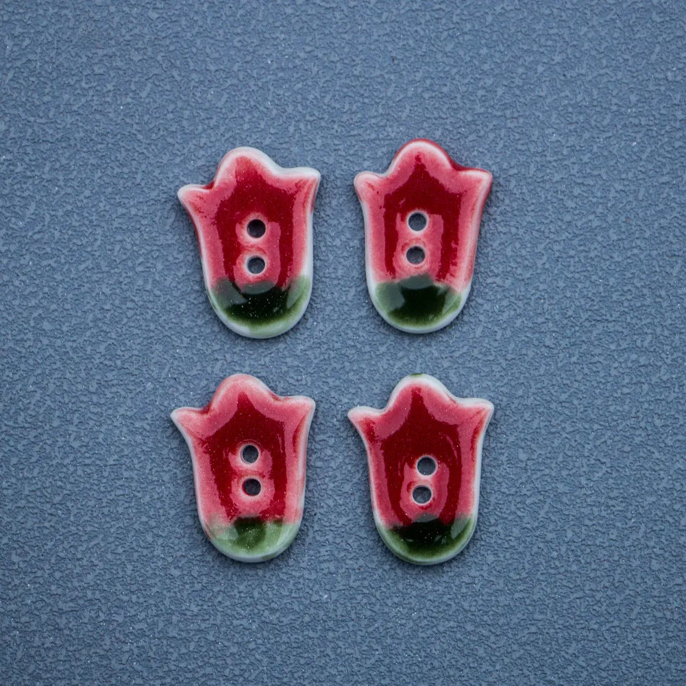 24mm Red Tulip 2 Hole Handmade DIY Ceramic Buttons 5pcs
