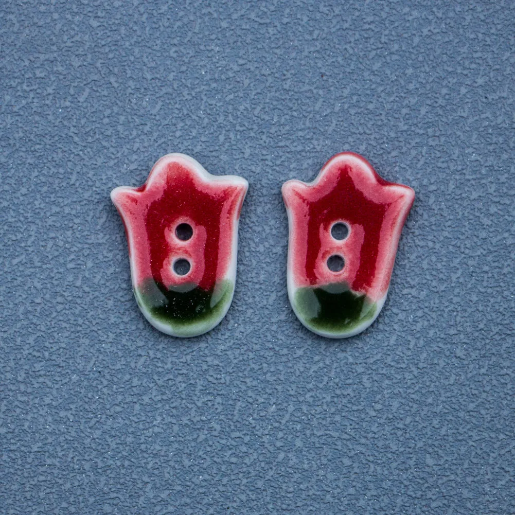 24mm Red Tulip 2 Hole Handmade DIY Ceramic Buttons 5pcs