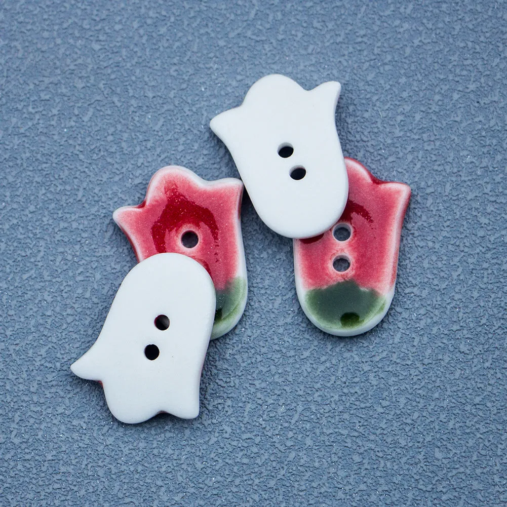 24mm Red Tulip 2 Hole Handmade DIY Ceramic Buttons 5pcs