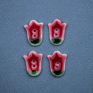 24mm Red Tulip 2 Hole Handmade DIY Ceramic Buttons 5pcs