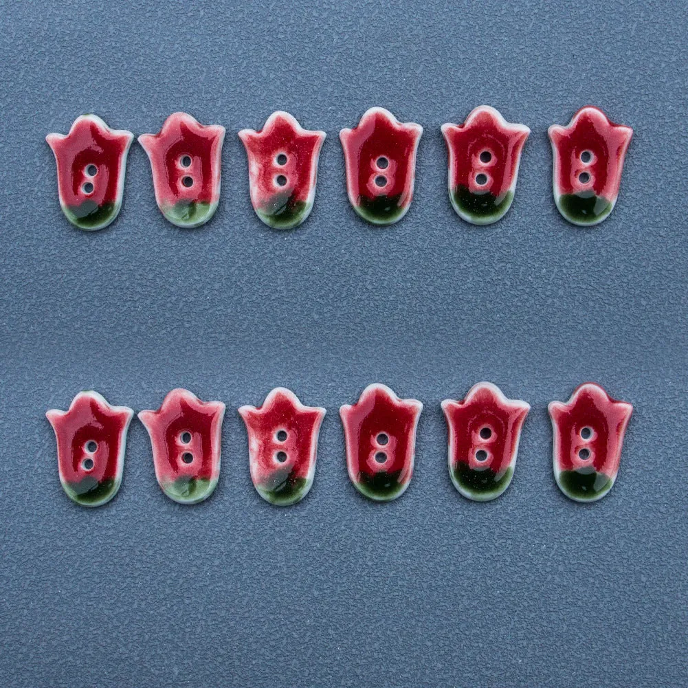 24mm Red Tulip 2 Hole Handmade DIY Ceramic Buttons 5pcs