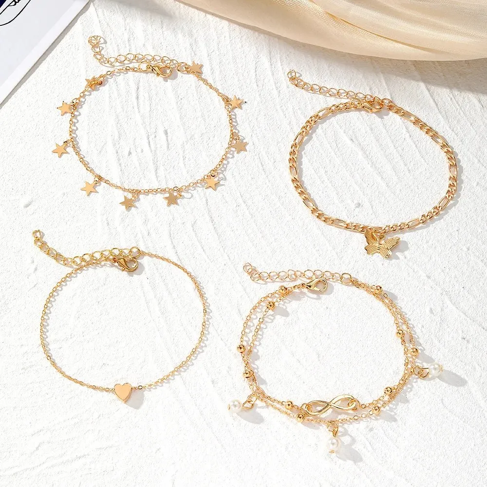 5pcs Dainty Feminine Anklet Set (Stars, Heart, Butterfly, Infinity, Pearls)