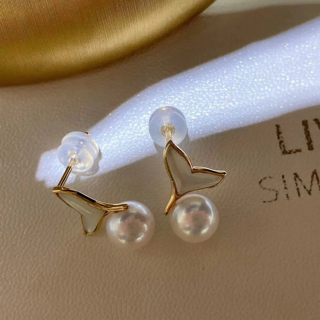 6.0-6.5 mm Mermaid Whale Tail White Akoya Pearl Stud Earrings in 18-Karat Gold