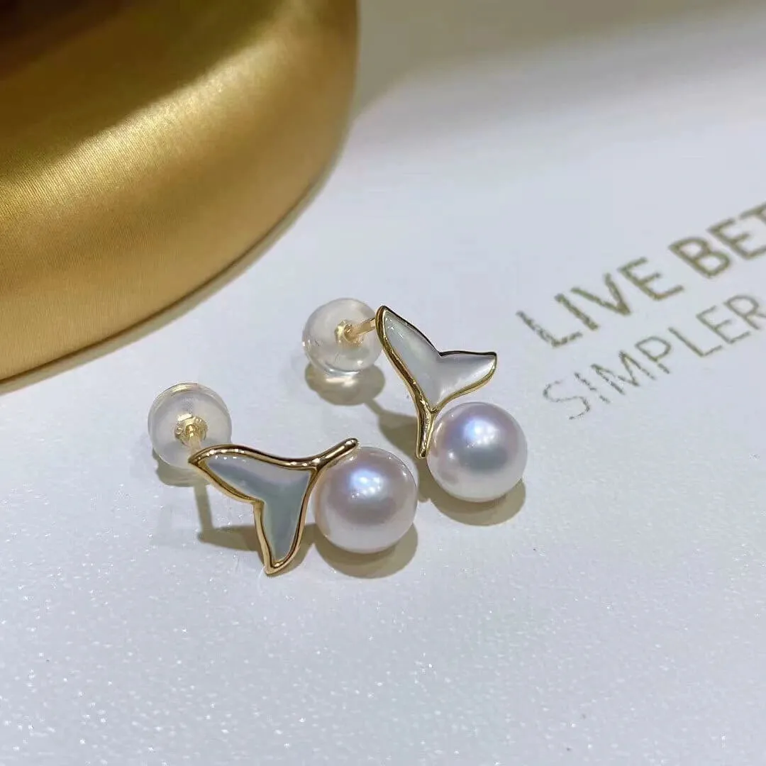 6.0-6.5 mm Mermaid Whale Tail White Akoya Pearl Stud Earrings in 18-Karat Gold