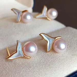6.0-6.5 mm Mermaid Whale Tail White Akoya Pearl Stud Earrings in 18-Karat Gold