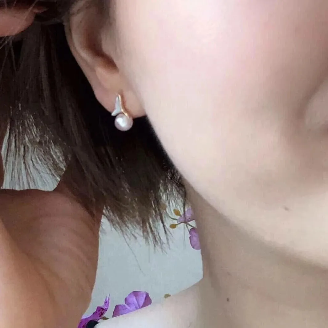 6.0-6.5 mm Mermaid Whale Tail White Akoya Pearl Stud Earrings in 18-Karat Gold