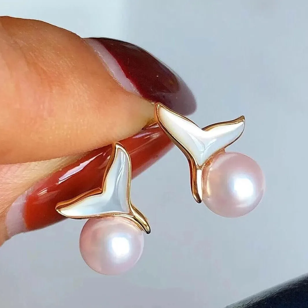 6.0-6.5 mm Mermaid Whale Tail White Akoya Pearl Stud Earrings in 18-Karat Gold