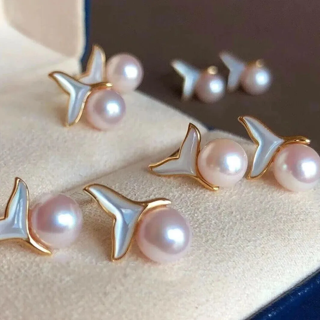 6.0-6.5 mm Mermaid Whale Tail White Akoya Pearl Stud Earrings in 18-Karat Gold