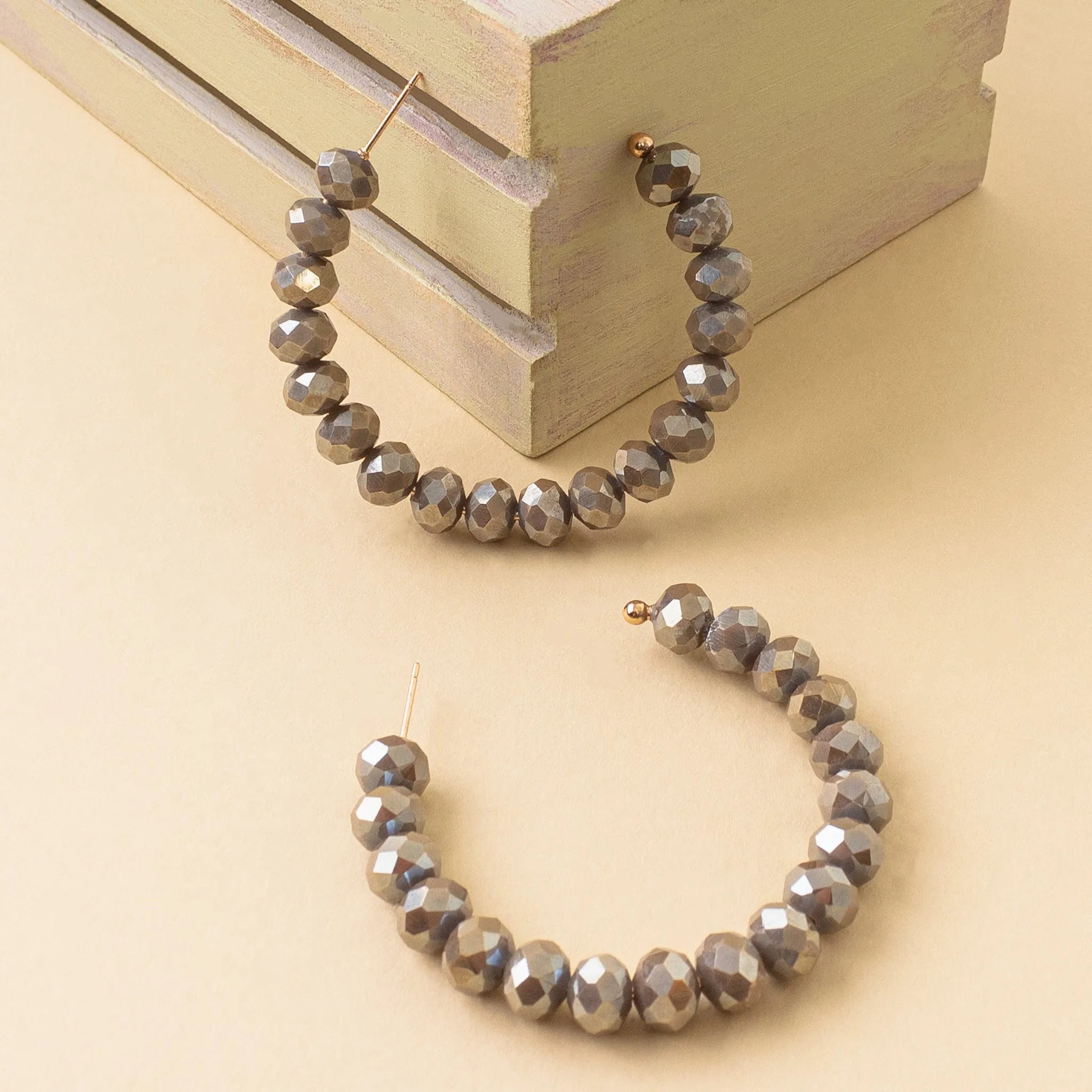 73940-19 - Crystal Beaded Hoop Earrings - Grey