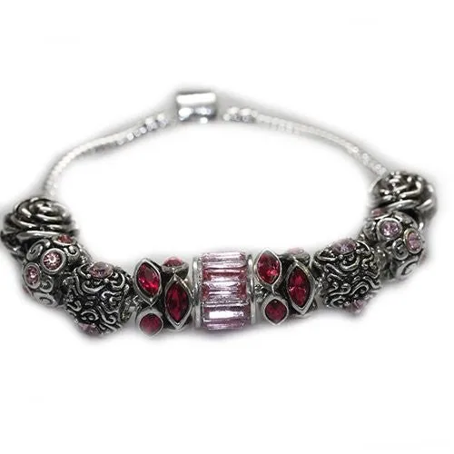 9.0" October Birthday Birthstone  Pink Girly Snake Chain Charm Bracelet