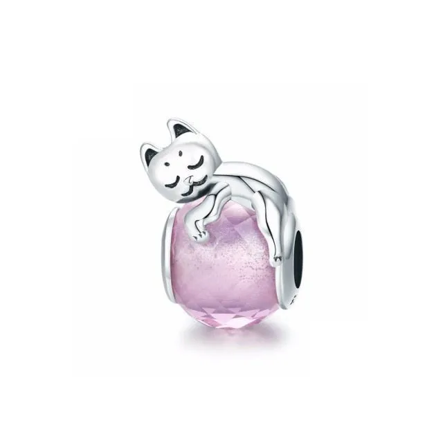 925 Sterling Silver Pendant Romantic Pink Love Purple Birthstone Fit Original Pandora Bracelet for Women