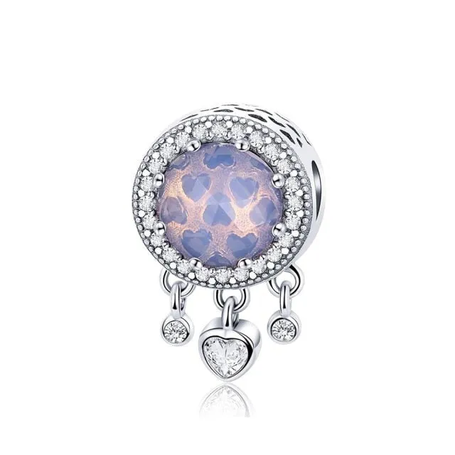 925 Sterling Silver Pendant Romantic Pink Love Purple Birthstone Fit Original Pandora Bracelet for Women