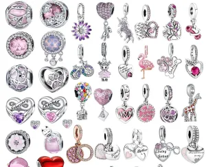 925 Sterling Silver Pendant Romantic Pink Love Purple Birthstone Fit Original Pandora Bracelet for Women