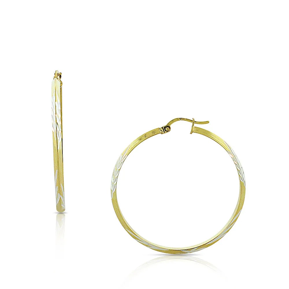 925 Sterling Silver Two-Tone Floral Design Round Hoop Earrings, 1.50"