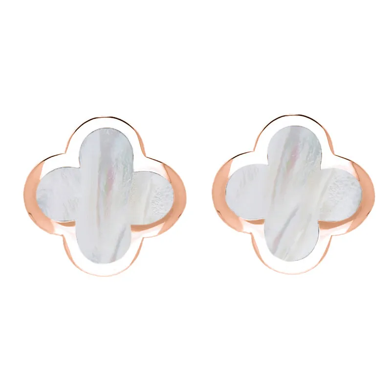 9ct Rose Gold White Mother of Pearl Bloom Four Leaf Clover Stud Earrings