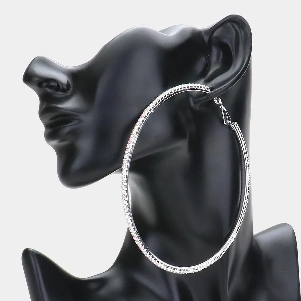 AB Crystal Rhinestone Hoop Earrings on Silver | 3 3/4" | 499632