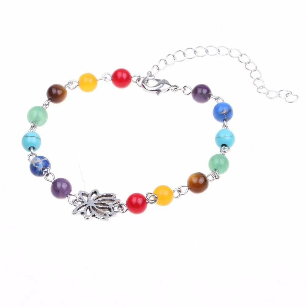 Adjustable Silver Lotus 7 Chakra Natural Stones Anklet