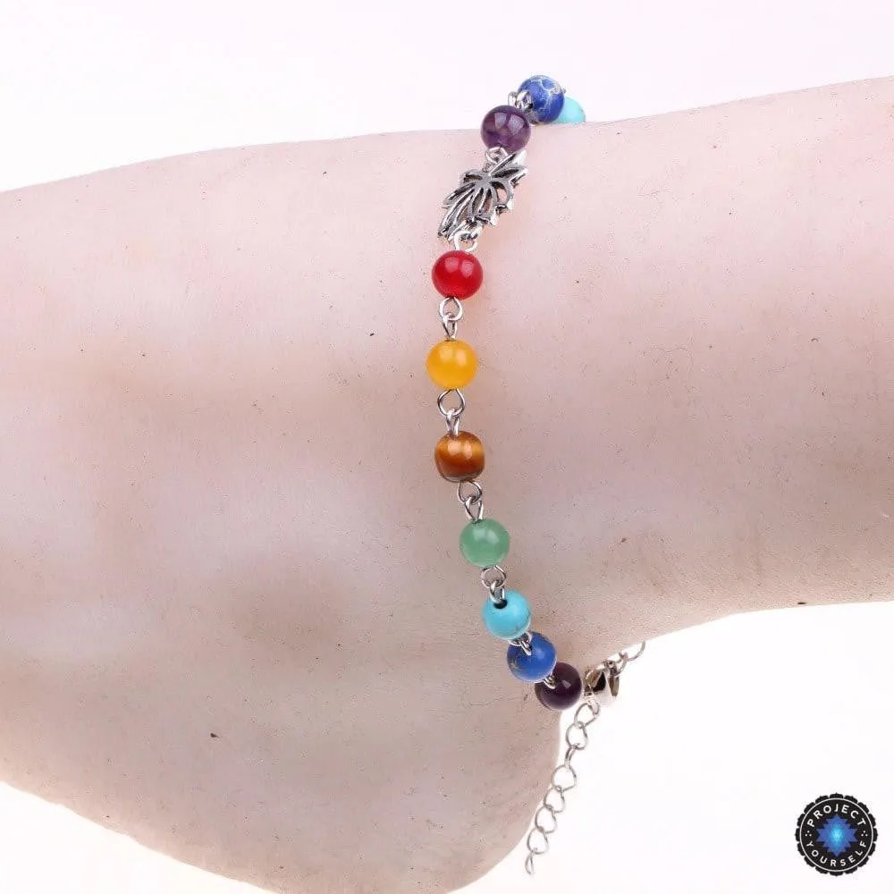 Adjustable Silver Lotus 7 Chakra Natural Stones Anklet