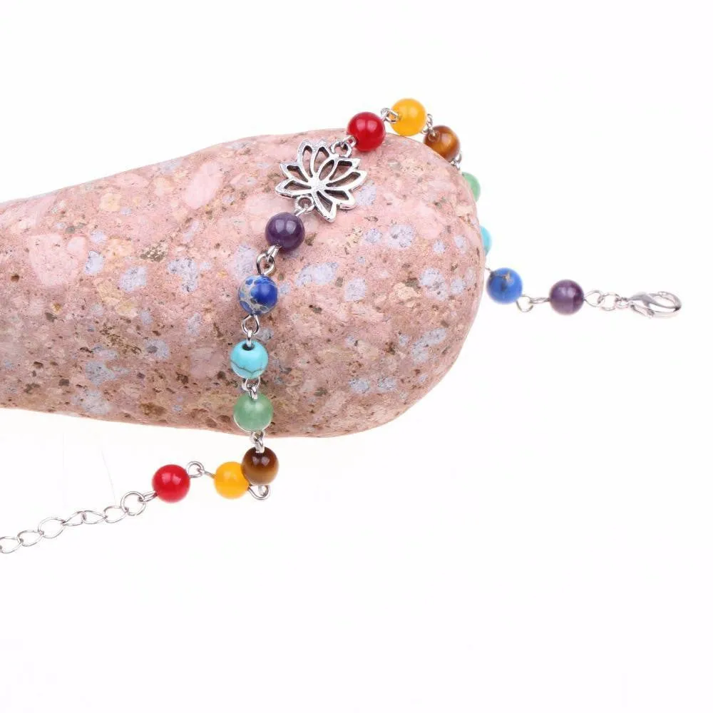 Adjustable Silver Lotus 7 Chakra Natural Stones Anklet