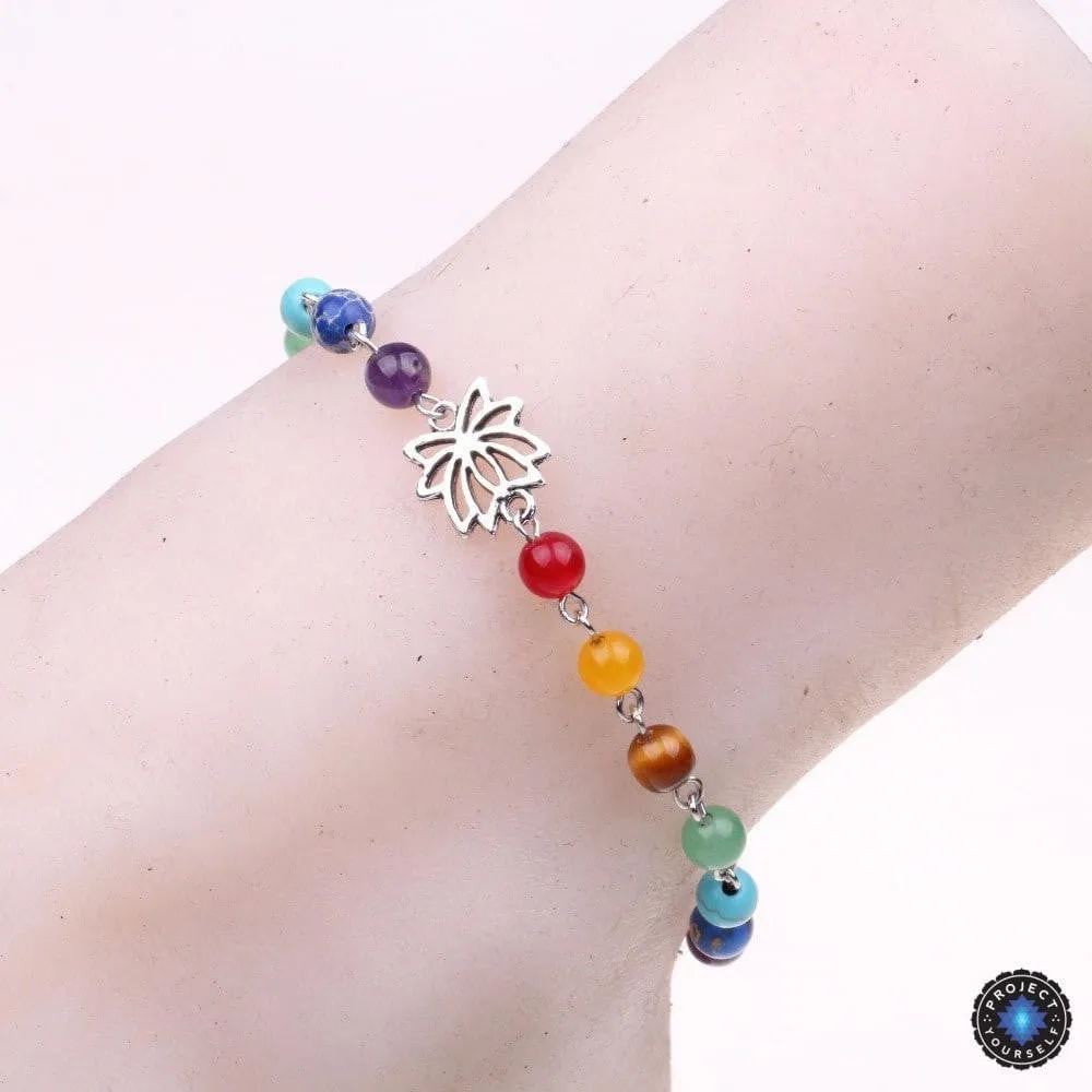 Adjustable Silver Lotus 7 Chakra Natural Stones Anklet