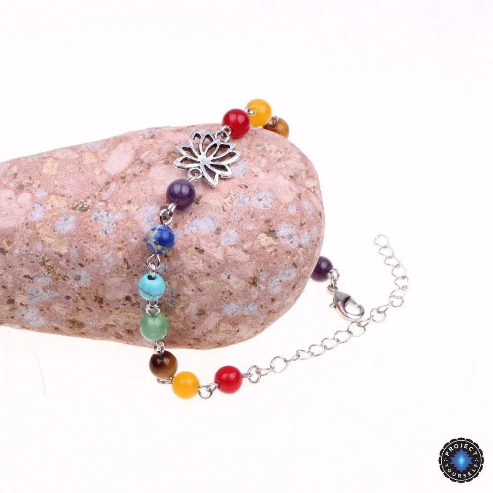 Adjustable Silver Lotus 7 Chakra Natural Stones Anklet