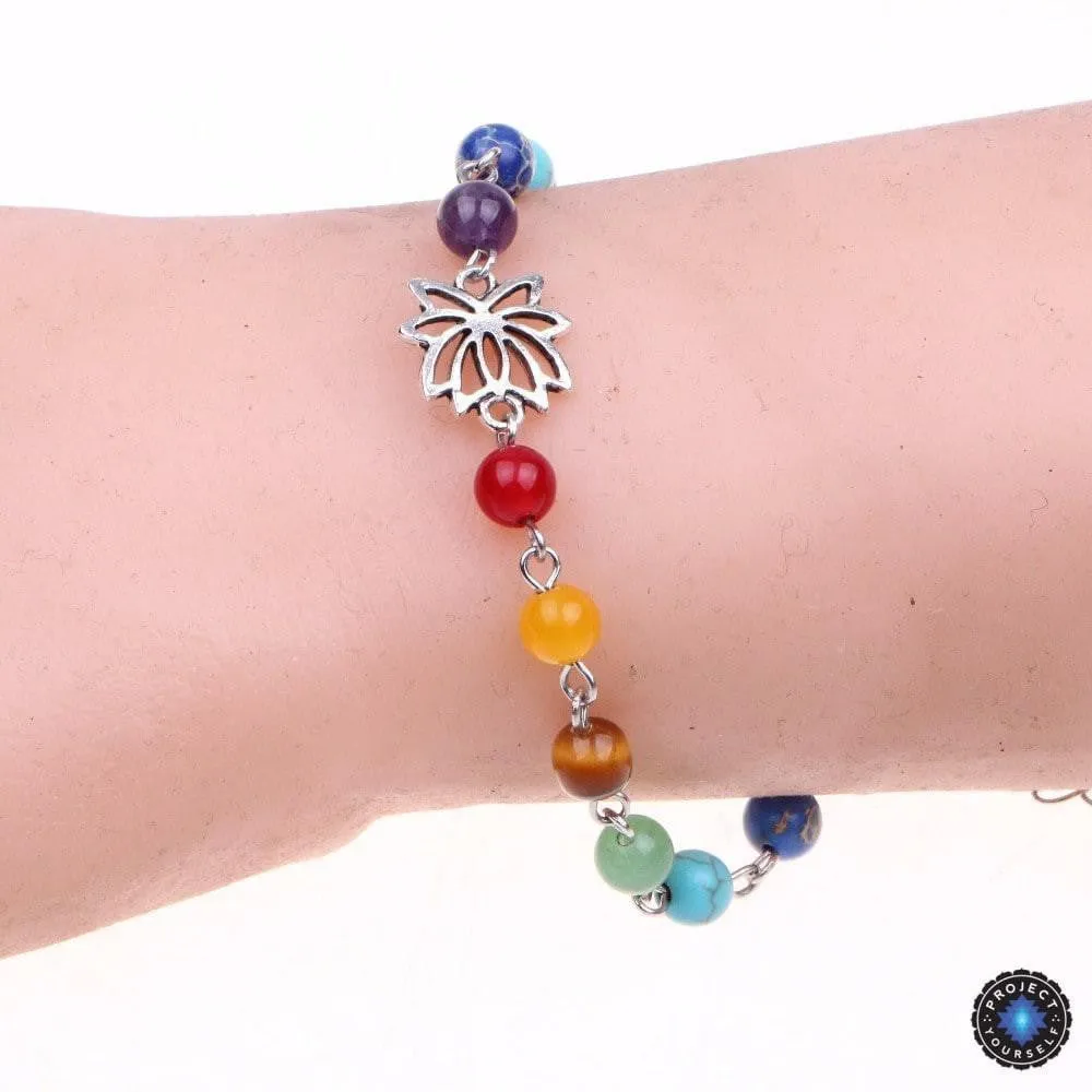 Adjustable Silver Lotus 7 Chakra Natural Stones Anklet