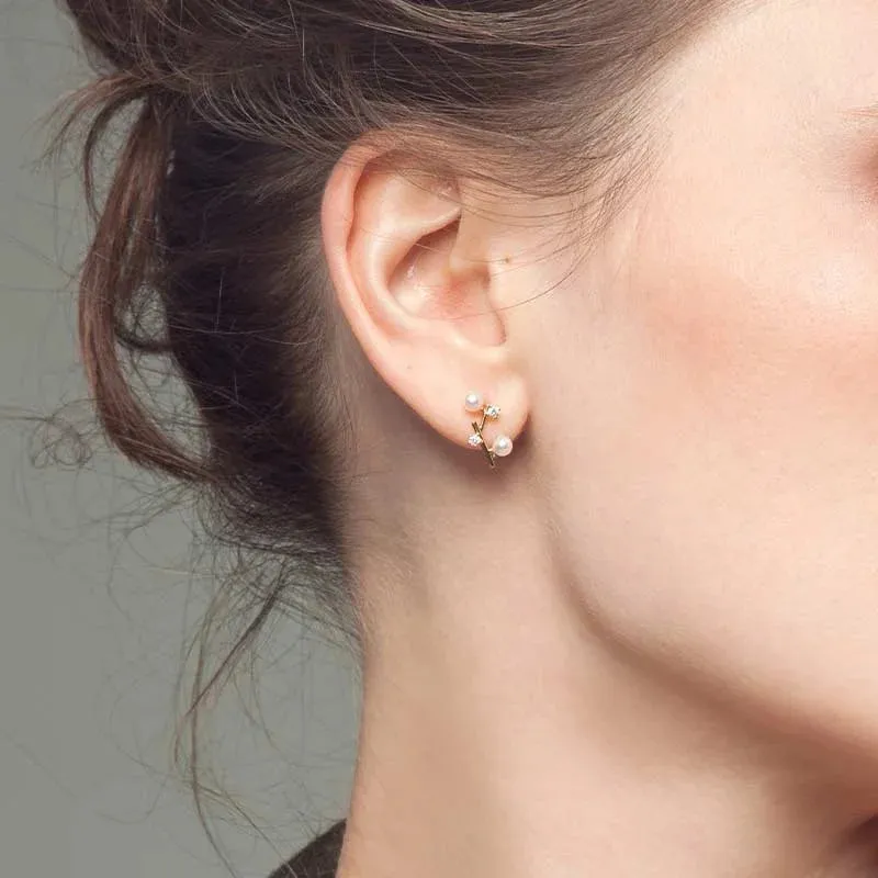 Akoya Pearl 18K Gold Branches Design Diamond Earrings