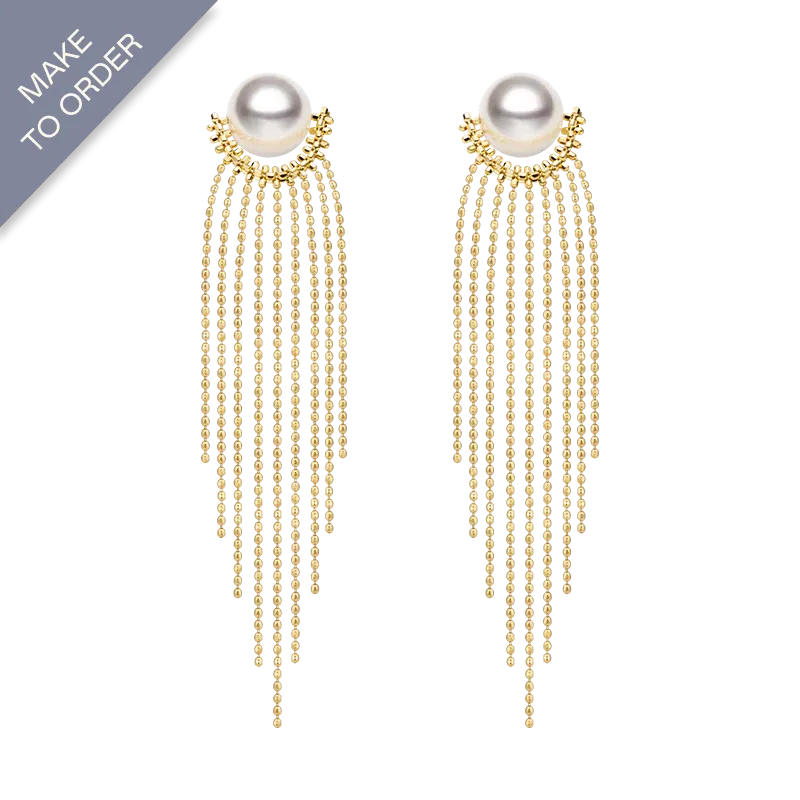 Akoya Pearl 18K Gold Fringe Beaded Chain Earrings