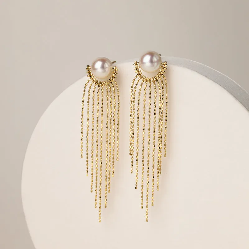 Akoya Pearl 18K Gold Fringe Beaded Chain Earrings