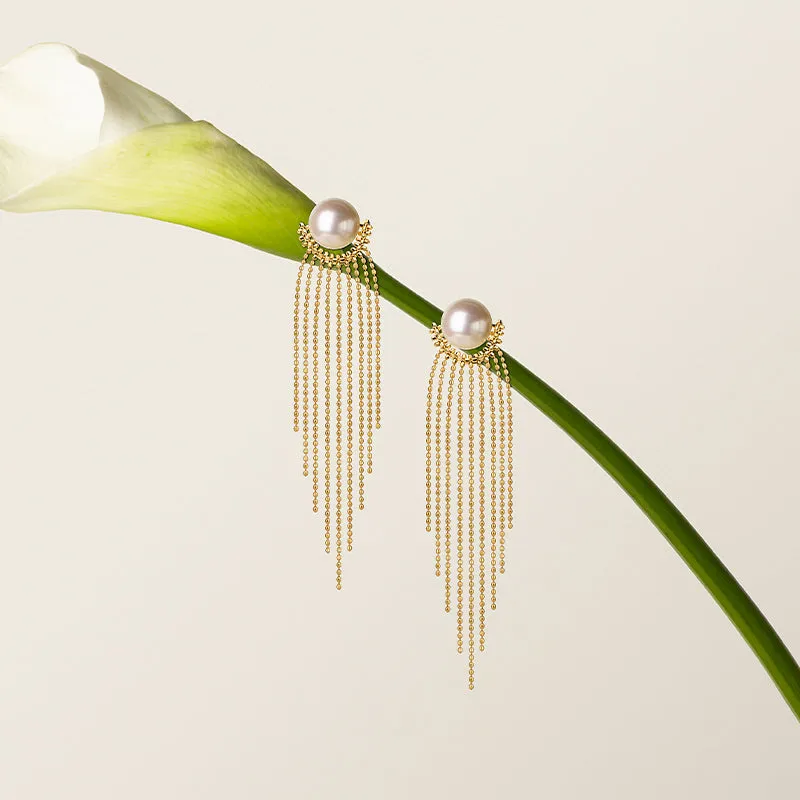 Akoya Pearl 18K Gold Fringe Beaded Chain Earrings