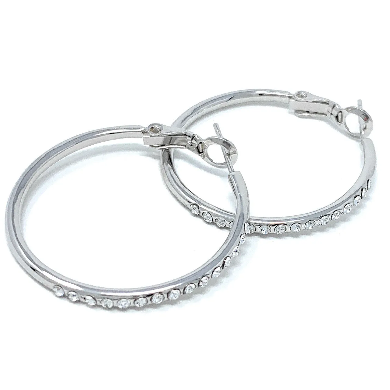 Amelia Small Pave Hoop Earrings with White Clear Round Crystals from Swarovski Silver Toned Rhodium Plated