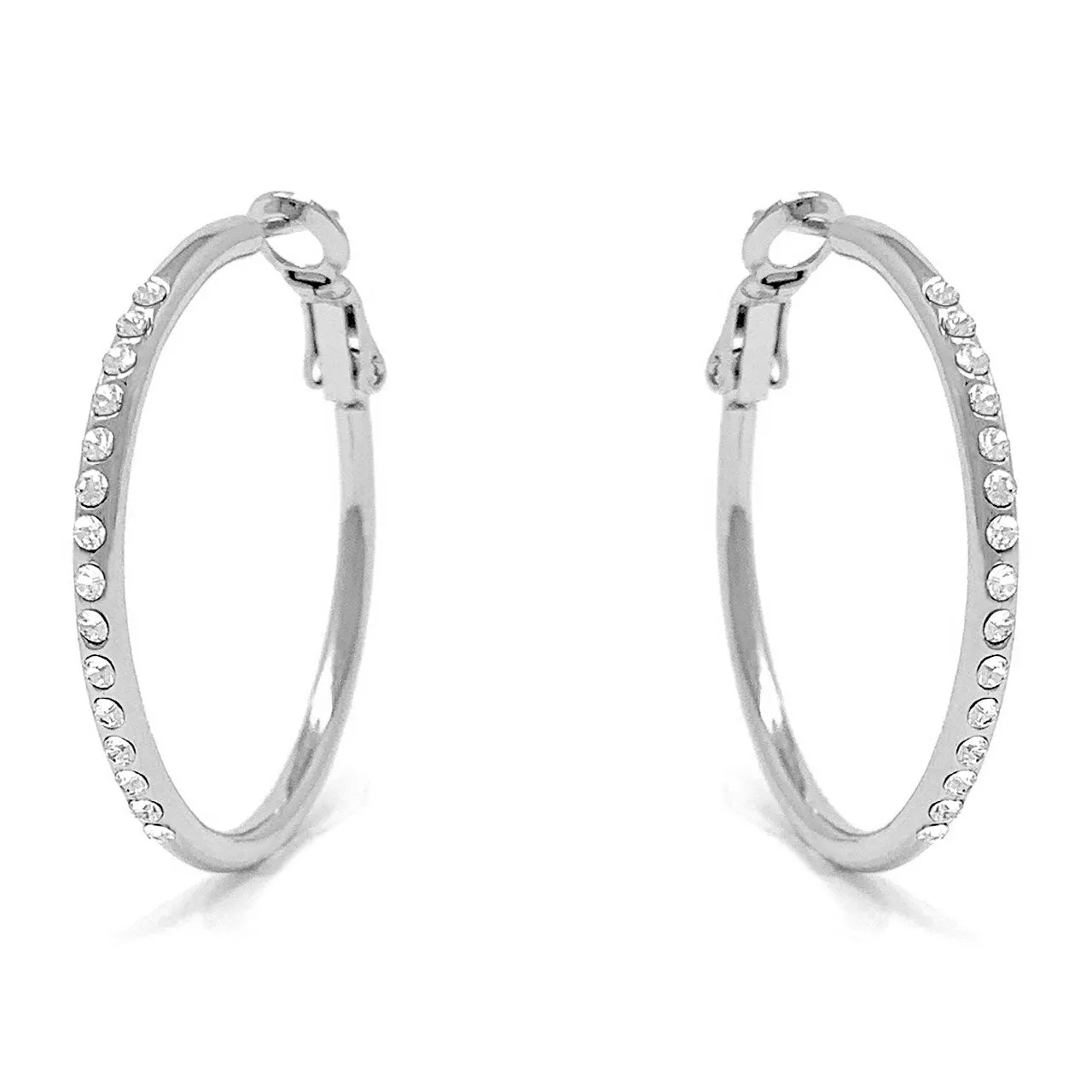 Amelia Small Pave Hoop Earrings with White Clear Round Crystals from Swarovski Silver Toned Rhodium Plated