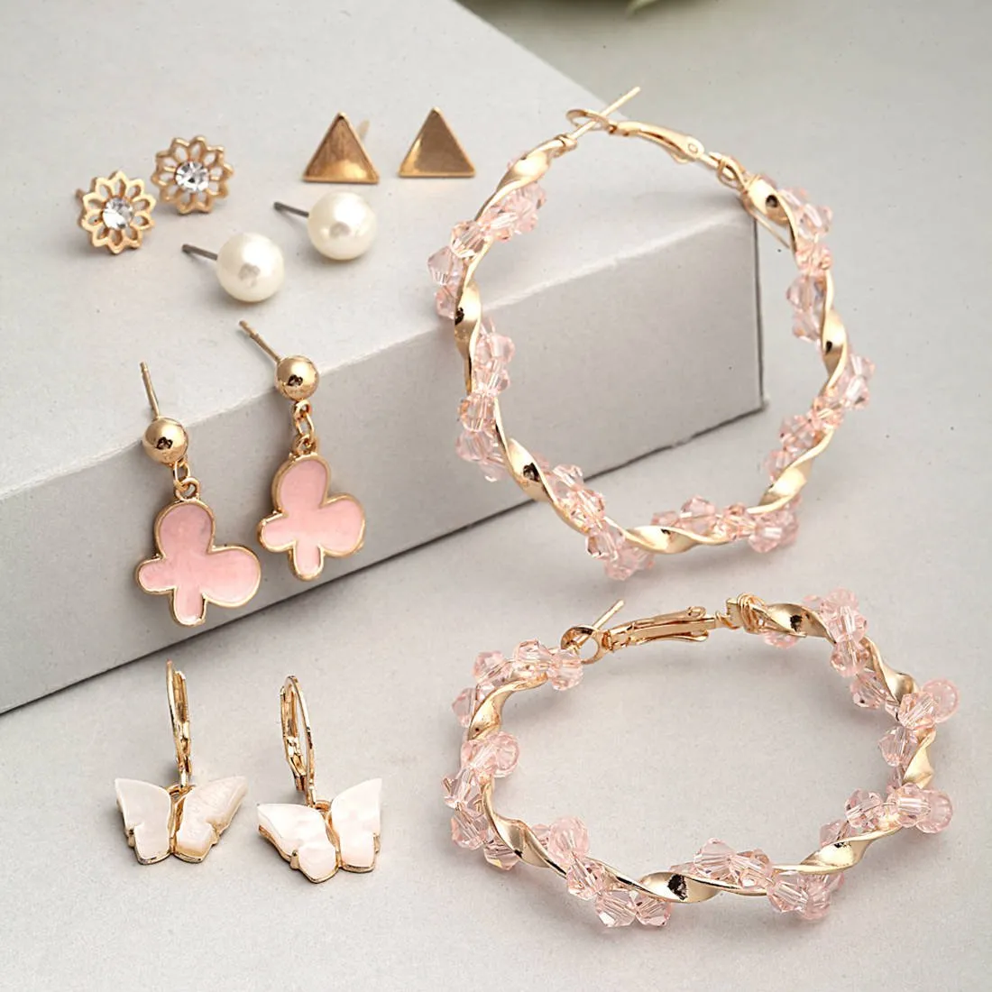Anaqa Pink Crystal Earrings Set of 6