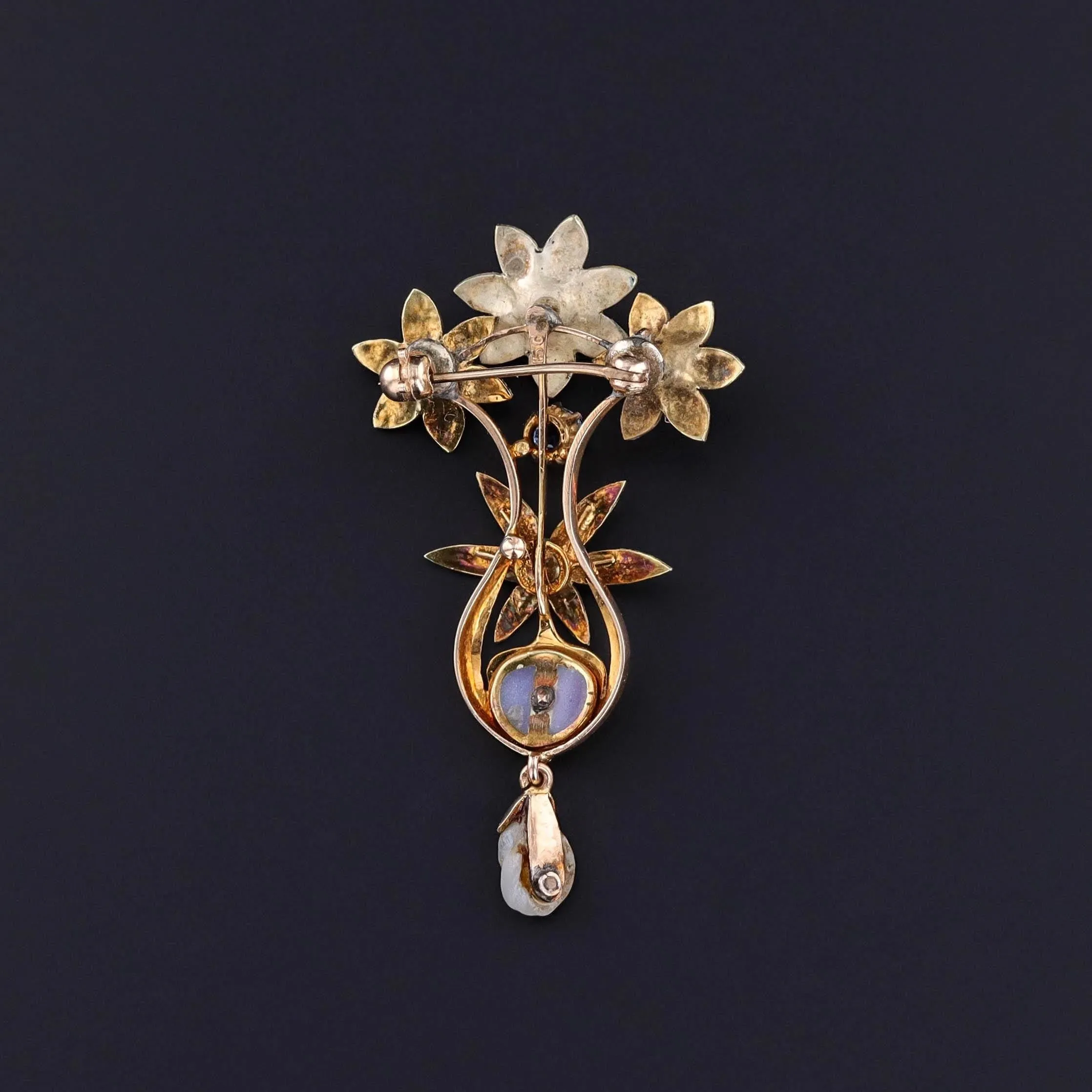 Antique Enamel Flower Pendant Brooch of 15ct Gold