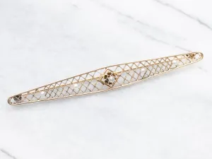 Antique Floral Old Mine Cut Diamond and Seed Pearl Filigree Bar Pin