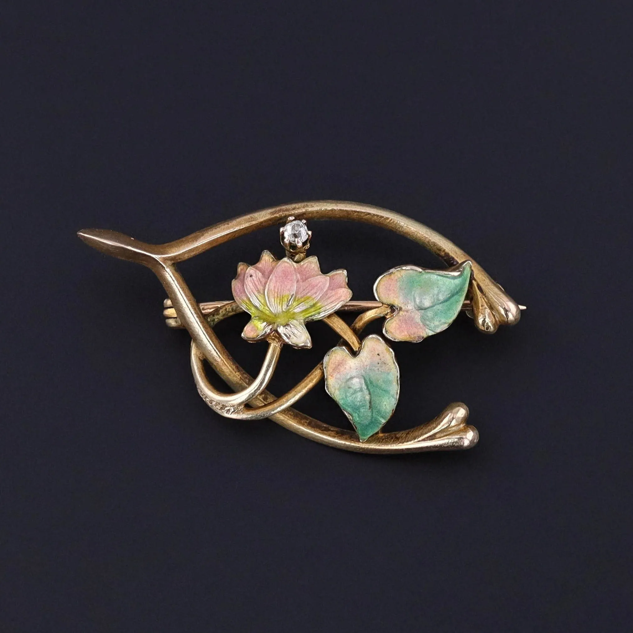 Antique Floral Wishbone Brooch of 14k Gold