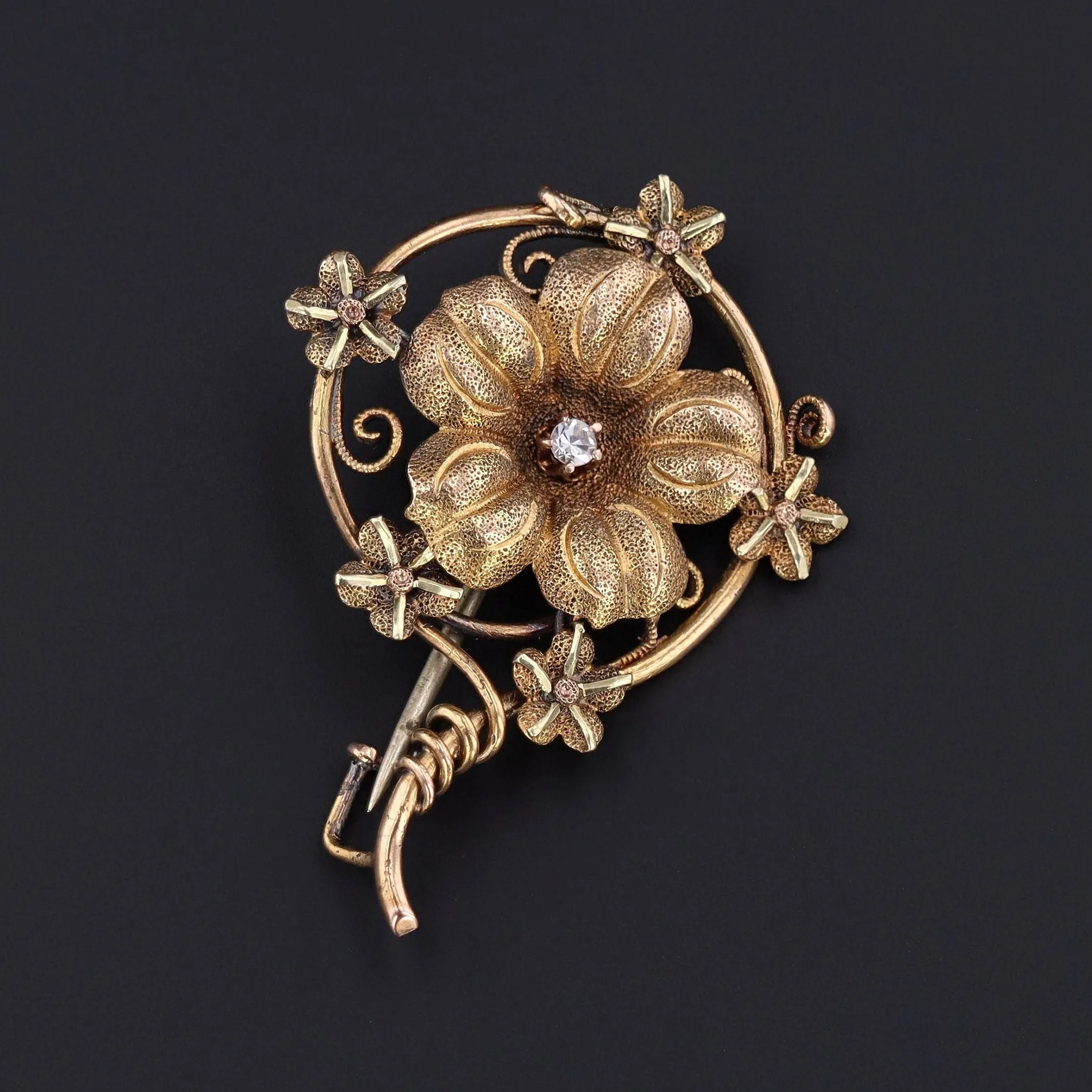 Antique Flower Brooch | Antique 10k Gold & Diamond Brooch