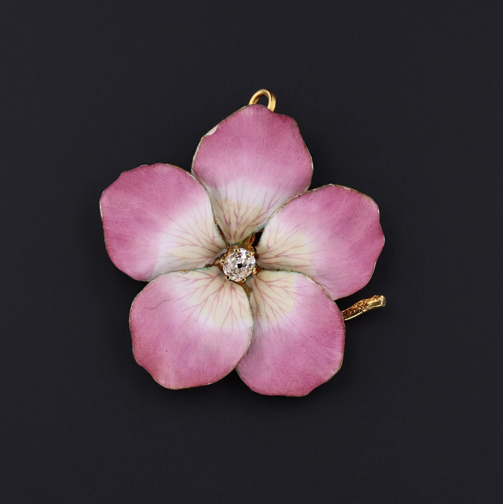 Antique Pink Flower Brooch or Pendant | Antique Enamel 14k Gold Flower
