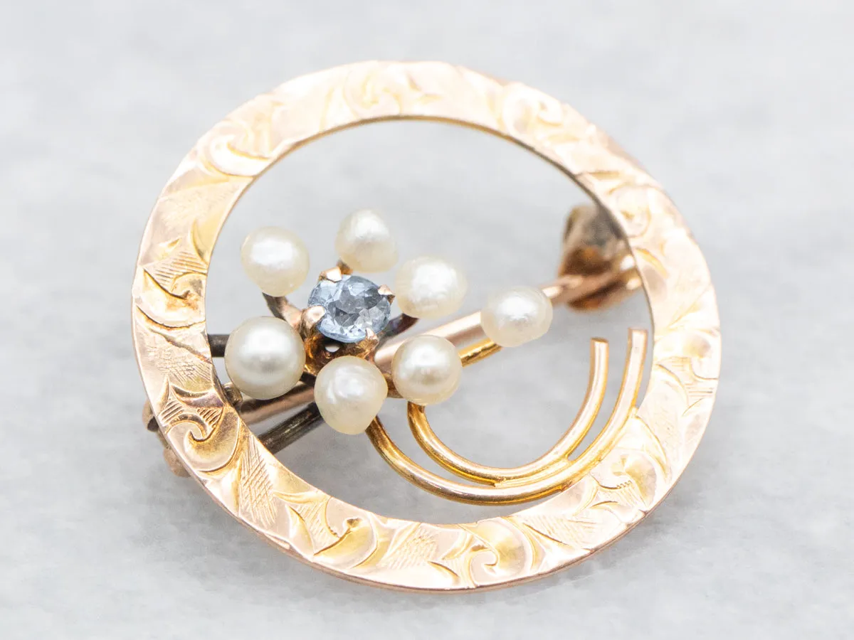 Antique Rose Gold Sapphire and Seed Pearl Floral Circle Pin