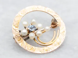 Antique Rose Gold Sapphire and Seed Pearl Floral Circle Pin