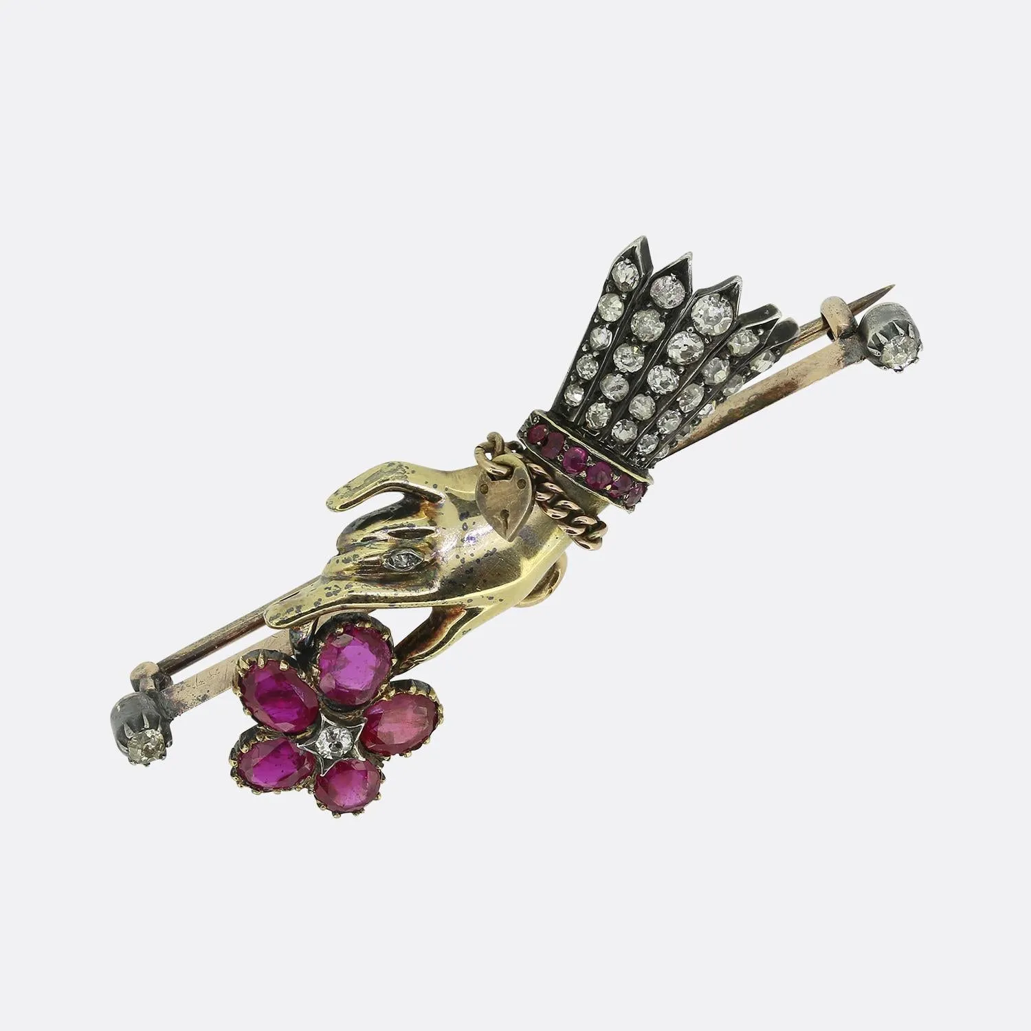 Antique Ruby and Diamond Mourning Hand Brooch