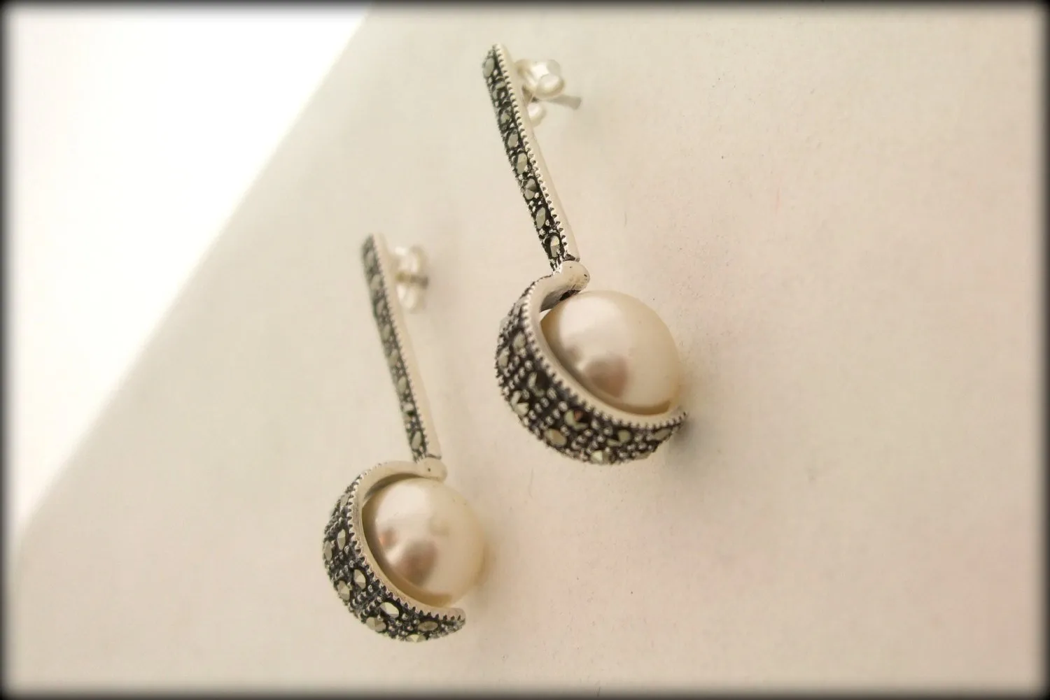 Art Deco style pearl ball  Silver Marcasite Earrings