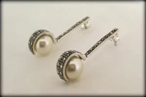 Art Deco style pearl ball  Silver Marcasite Earrings