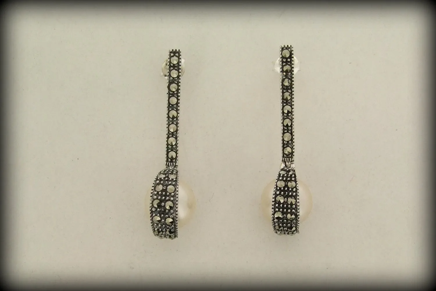 Art Deco style pearl ball  Silver Marcasite Earrings