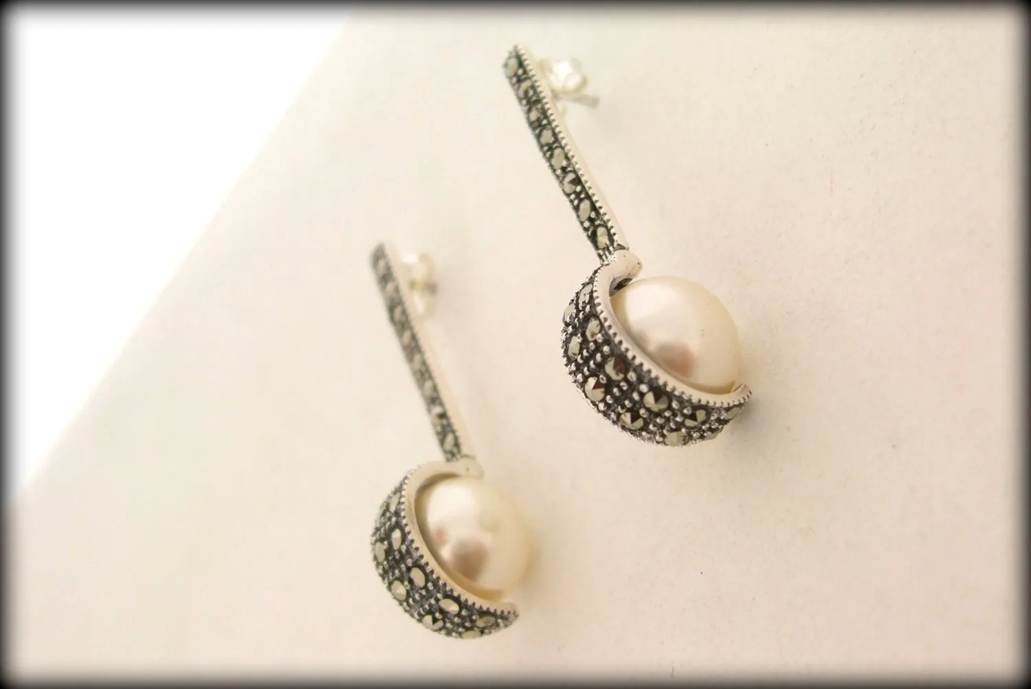 Art Deco style pearl ball  Silver Marcasite Earrings